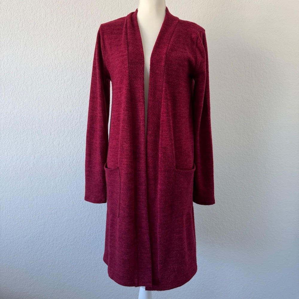 Zenana Outfitters Burgundy Heathered Open Front Longline Cardigan Sweater Medium